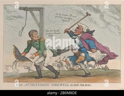 Thomas Rowlandson, Der Liebevolle Abschied, oder Kick für Kick, Thomas Rowlandson (Britisch, London 1757-187 London), Napoléon Bonaparte (Französisch, Ajaccio 609-182 St. Helena), Charles Maurice de Talleyrand Périgord (Französisch, Paris 1754-186 Paris), 17. April, 1814, Handfarbige Radierung, Platte: 9 5/8 × 13 5/8 in Paris. (24,5 × 34,6 cm), Blatt: 10 1/16 × 14 9/16 Zoll (25,6 × 37 cm), Ausdrucke Stockfoto