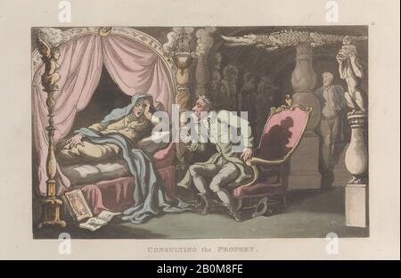 Thomas Rowlandson, Consulting the Prophet, von "Journal of Sentimental Travels in the Southern Provinces of France, Kurz Vor der Revolution", "Journal of Sentimental Travels in the Southern Provinces of France, Kurz Vor der Revolution", Thomas Rowlandson (Britisch, London 1757-187 London), William Combe (Britisch, London 1742-1823 London), 181, Handfarbige Ätzung und Aquatinta, Blatt: 5 5/8 Zoll × 9 Zoll (14,3 × 22,9 cm), Ausdrucke Stockfoto