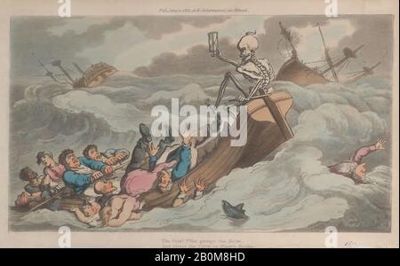 Thomas Rowlandson, Der Tod Drehte Pilot (aus Dem Englischen Tanz des Todes, Bd. II, pl. 9), The Dance of Tod, Thomas Rowlandson (Britisch, London 1757-187 London), 1. Juni 1815, Handfarbige Radierung, Blatt: 5 3/16 x 8 11/16 in. (13,1 x 22 cm), Ausdrucke Stockfoto