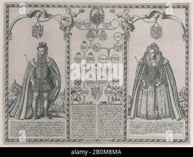 Renold Elstrack, James I. und Anne von Dänemark, Renold Elstrack (Britisch, 1570-1625), James I., König von England, Schottland und Irland (Edinburgh 1566-1625 Theobalds), Henry Frederick, Prince of Wales (Britisch, Stirling, Schottland 1594-1612 London), Anne von Dänemark, Königin von England (1574-1619), 1651, Gravur, Blatt 1/8: × 7.8. (28,3 × 37,8 cm), Ausdrucke Stockfoto