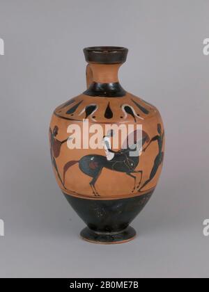 Terracotta lekythos (Ölbecher), Griechisch, Euböisch, Archaisch, Date ca. 560 v. Chr., Griechisch, Euböisch, Terrakotta; Schwarzfigur, H. 9 1/4 Zoll (23,5 cm), Vasen Stockfoto