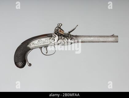 Harvey Walklate Mortimer, Flintlock Repeating Pistol mit Lorenzoni Action, Mit den Kresten von VizeAdmiral Horatio Nelson (1758-1805), mit Koffer und Zubehör, Britisch, London, Ca. 97-99, London, Britisch, London, Pistole: Stahl, Holz (Walnuss), Silber; Reservefass: Stahl; Kugelform: Stahl; Stanzer; Stahl; Schraubenschlüssel: Stahl; Tasche: Holz (Mahagoni), Messing, Textil, Papier, Pistole (A): L. 14 1/2 Zoll (36,8 cm); L. von Fass 6 Zoll (15,2 cm); Kal. 0,55 Zoll (14 mm); Wt. 3 lb. 15 oz. (1.801 g); Reservefass (b): L. 6 1/8 Zoll (15,6 cm); Wt. 14,4 oz. (408,2 g); Kugelform (c): L. 5 3/8 Zoll (13.7 Stockfoto