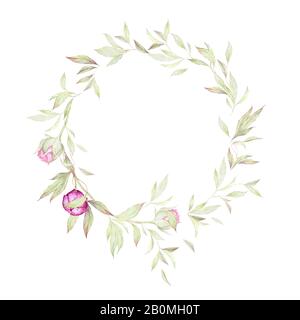 Wasserfarbenblumen. Kieskranz. Einrichtung Für Hochzeitseinladungen. Luxuriöse Pinkblüte, Knospen, Blätter, Zweige. Weißer Hintergrund. Stockfoto