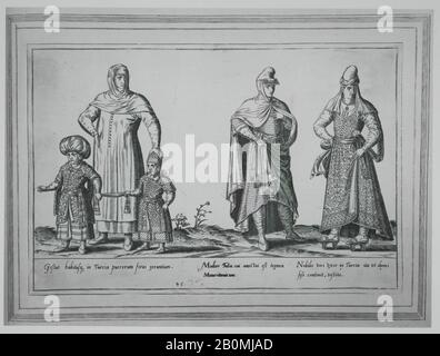 Abraham de Bruyn, Gestus habitusq. In Turcia puerorum foras exeuntium; Mulier Turca cui amictui est tegmen Maurit, um; Nobilis viri vxor in Turcia vt domi sese continent, vestita, Abraham de Bruyn (flämisch, Antwerpen 1540-1587 Köln (?)), 1580, Gravur, 16, Bild: 1/8: × 11/8. (22,1 × 33,4 cm), Rahmen: 10 5/8 × 14 3/4 Zoll (27 × 37,5 cm), Blatt: 21 5/16 × 16 5/16 Zoll (54,2 × 41,5 cm), Buch: 21 7/8 × 16 3/4 × 1 15/16 Zoll (55,5 × 42,5 × 5 cm Stockfoto