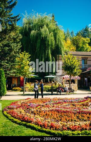 Eine schöne Gasse mit Blumenbeeten in der Resortstadt. Kislowodsk. Russland - september 2019 Stockfoto