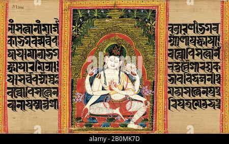 Sechskaliges Avalokiteshvara, Das Den Dharma Ausführte: Folio aus einem Manuskript der Ashtasahasrika Prajnaparamita (Perfektion der Weisheit), Indien (Westbengalen) oder Bangladesch, Pala-Periode, Datum Anfang 12. Jahrhundert, Indien (Westbengalen) oder Bangladesch, Opakes Aquarell auf Palmblatt, 2 3/4 x 16 1/2 Zoll. (7 x 41,9 cm), Gemälde Stockfoto