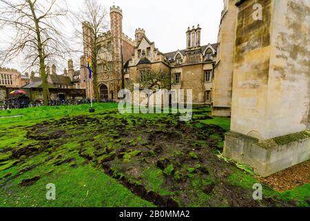 19/02/2020, Cambridge, England. Am Montag, den 17. Februar, zerrissen die Demonstranten Des Extinction Rebellion den Rasen vor dem Trinity College in Cambridge. Foto von Mark Bullimore Stockfoto