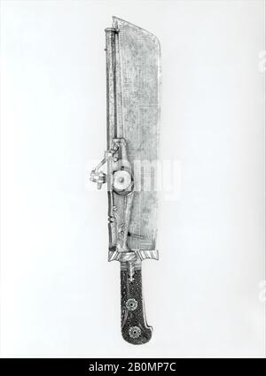 Ambrosius Gemlich, Jagdmesser Kombiniert mit Wheellock-Pistole, Deutsch, München, Klinge Ca. 1528-29, geätzt mit einem Kalender für die Jahre 1529-34; Fass von 1540 oder 1546, München, Deutsch, München, Stahl, Gold, Staghorn, Bronze, L. 18 1/4 Zoll. (46,4 cm); L. des Fasses 12 3/8 Zoll (31,4 cm); L. von Klinge 13 1/4 Zoll (33,7 cm); Kal. 0,28 Zoll (7,1 mm), Kombinationswaffen Stockfoto