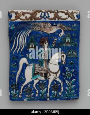 Kachel mit einem Bild eines Prinzen auf dem Horseback, Kacheln aus einem Fries, zweite Hälfte des 19. Jahrhunderts, Herkunftsland Iran, Stonepaste; geformt, polychrom unter durchsichtiger Glasur gemalt, H. 13 1/2 Zoll. (34,3 cm), W. 10 3/4 Zoll (27,3 cm), D., Wt., Ceramics-Tiles Stockfoto