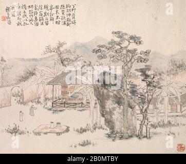 Wu Tao, Gartenszene, China, Qing-Dynastie (1644-1911), Wu Tao (Chinesisch, 100-55), 30-60, China, Album-Blatt; Tinte und Farbe auf Papier, Bild: 13 × 11 Zoll. (33 × 27,9 cm), Blatt: 20 15/16 × 20 15/16 Zoll (53,2 × 53,2 cm), Gemälde Stockfoto