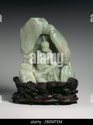 Luohan (arhat) in einer Grotte, China, Qing-Dynastie (1644-1911), aus dem 18. Jahrhundert, China, Jade (Nephrite), H. 7 11/16 Zoll. (19,5 cm); W. 6 3/4 Zoll (17,2 cm); D. 2 11/16 Zoll (6,8 cm), Jade Stockfoto