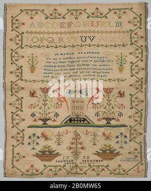 Sampler, britische, englische, englische, britische, Seide auf Wolle, 15 5/8 × 12 3/4 Zoll. (39,7 × 32,4 cm), Textiles-Embroided Stockfoto