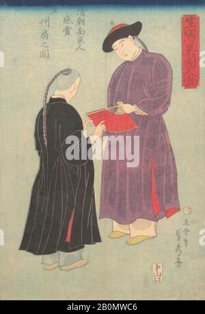 Utagawa (Gountei) Sadahide, Bild eines Mandschuriers des Qing-Gerichts aus Nanjing, Bewundert einen Fan, Japan, Edo-Zeit (1615-1868), Utagawa (Gountei) Sadahide (Japanisch, 51-1878/79), 11. Monat, 1860, Japan, Polychrom-Holzblock-Druck; Tinte und Farbe auf Papier, Bild: 14 1/2 x 10. (36,8 x 25,4 cm), Ausdrucke Stockfoto