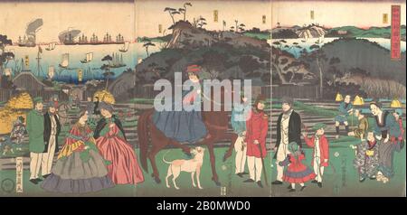 Utagawa Yoshikazu, Ausländer, Die Die Berühmte Stätte von Mt besuchen. Gongen in Kanagawa, Japan, Edo-Zeit (1615-1868), Utagawa Yoshikazu (japanisch, aktiv ca. 1850-1870), 2. Monat, 1861, Japan, Triptychon polychromer Holzholzdrucke; Tinte und Farbe auf Papier, Bild (A): 14 1/4 x 9 3/4 Zoll. (36,2 x 24,8 cm), Bild (b): 14 1/4 x 9 7/8 Zoll (36,2 x 25,1 cm), Bild (c): 14 1/4 x 9 5/8 Zoll (36,2 x 24,4 cm), Ausdrucke Stockfoto