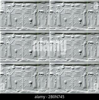 Zylinderdichtung mit kultischer Szene, Assyrisch, Neo-Assyrisch, Datum Ende 8. Bis 7. Jahrhundert v. Chr., Mesopotamien, Assyrisch, neutrale Chalcedonie (Quartz), möglicherweise geätzt, um weiße Mottling zu produzieren, 1,16 Zoll. (2,95 cm), Zylinderstinkendichtungen Stockfoto