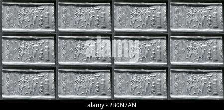 Zylinderdichtung und moderner Eindruck: Gott mit der Spitze und der Suppliantengöttin, Mitanni, Mitanni, Datum 16.-15. Jahrhundert v. Chr., Mesopotamien, Mitanni, Hämatite, 1,04 Zoll. (2,64 cm), Zylinderstinkendichtungen Stockfoto