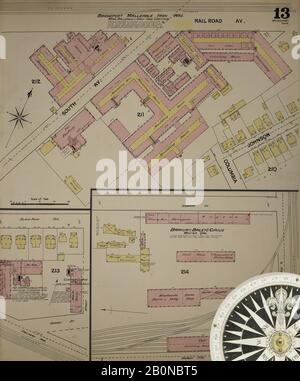 Bild 13 von Sanborn Fire Insurance Map aus Bridgeport, Fairfield County, Connecticut. Im Jahr 1889. 37 Blatt(e). Bound, Amerika, Straßenkarte mit einem Kompass Aus Dem 19. Jahrhundert Stockfoto