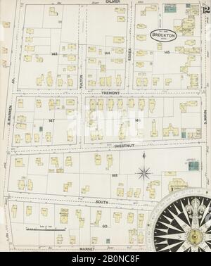 Bild 12 von Sanborn Fire Insurance Map aus Brockton, Plymouth County, Massachusetts. Okt. 31 Blatt(e), Amerika, Straßenkarte mit einem Kompass Aus Dem 19. Jahrhundert Stockfoto