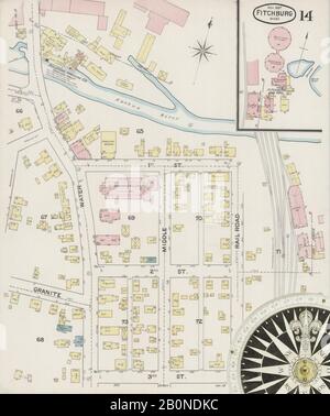 Bild 14 von Sanborn Fire Insurance Map aus Fitchburg, Worcester County, Massachusetts. Nov. 17 Blatt(e), Amerika, Straßenkarte mit einem Kompass Aus Dem 19. Jahrhundert Stockfoto