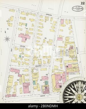 Bild 12 von Sanborn Fire Insurance Map aus Fitchburg, Worcester County, Massachusetts. März 1892. 23 Blatt(e), Amerika, Straßenkarte mit einem Kompass Aus Dem 19. Jahrhundert Stockfoto