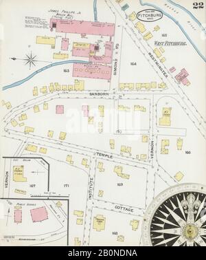 Bild 22 von Sanborn Fire Insurance Map aus Fitchburg, Worcester County, Massachusetts. März 1892. 23 Blatt(e), Amerika, Straßenkarte mit einem Kompass Aus Dem 19. Jahrhundert Stockfoto