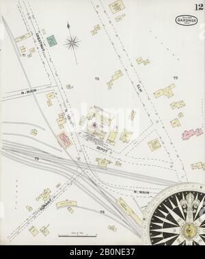Bild 12 von Sanborn Fire Insurance Map aus Gardner, Worcester County, Massachusetts. März 1889. 12 Blatt(e), Amerika, Straßenkarte mit einem Kompass Aus Dem 19. Jahrhundert Stockfoto