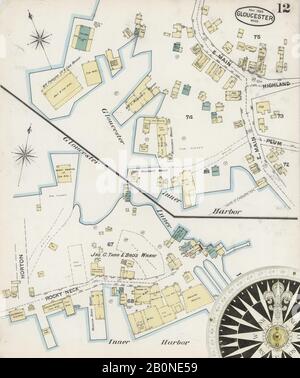 Bild 12 von Sanborn Fire Insurance Map aus Gloucester, Essex County, Massachusetts. Mai 1888. 19 Blatt(e), Amerika, Straßenkarte mit einem Kompass Aus Dem 19. Jahrhundert Stockfoto