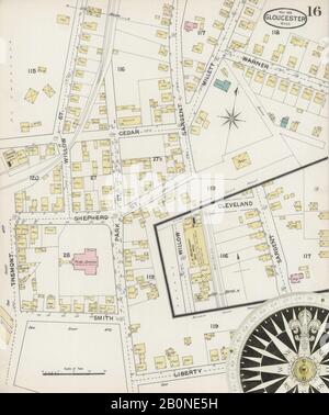 Bild 16 von Sanborn Fire Insurance Map aus Gloucester, Essex County, Massachusetts. Mai 1888. 19 Blatt(e), Amerika, Straßenkarte mit einem Kompass Aus Dem 19. Jahrhundert Stockfoto