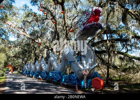 Charleston, SC - 2. Februar 2020: Ein großer chinesischer Drache aus Tausenden von chinesischen Platten in der Magnolia Plantation and Gardens Stockfoto