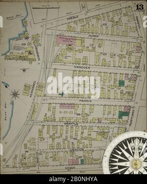 Bild 13 von Sanborn Fire Insurance Map aus Portland, Cumberland County, Maine. Im Jahr 1886. 35 Blatt(e). Bound, Amerika, Straßenkarte mit einem Kompass Aus Dem 19. Jahrhundert Stockfoto
