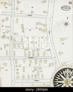 Bild 12 von Sanborn Fire Insurance Map aus Northampton, Hampshire County, Massachusetts. Mai 1889. 16 Blatt(e), Amerika, Straßenkarte mit einem Kompass Aus Dem 19. Jahrhundert Stockfoto