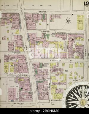 Bild 13 von Sanborn Fire Insurance Map aus Springfield, Hampden County, Massachusetts. Im Jahr 1886. 35 Blatt(e). Bound, Amerika, Straßenkarte mit einem Kompass Aus Dem 19. Jahrhundert Stockfoto