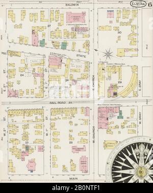 Bild 7 von Sanborn Fire Insurance Map aus Elmira, Chemung County, New York. Juni 1887. 17 Blatt(e), Amerika, Straßenkarte mit einem Kompass Aus Dem 19. Jahrhundert Stockfoto