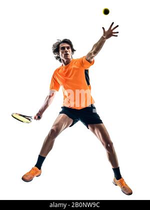 Eine kaukasische spanischer Tennisspieler Mann im Studio Silhouette auf weißem Hintergrund Stockfoto