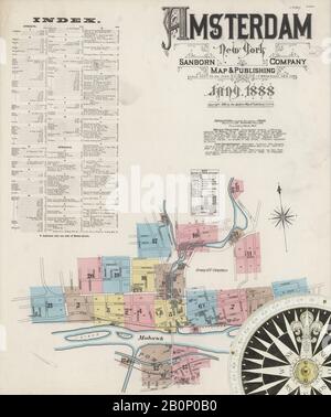 Bild 1 von Sanborn Fire Insurance Map aus Amsterdam, Montgomery County, New York. Januar 1888. 24 Blatt(e), Amerika, Straßenkarte mit einem Kompass Aus Dem 19. Jahrhundert Stockfoto