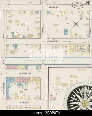 Bild 14 von Sanborn Fire Insurance Map aus Lockport, Niagara County, New York. Feb. 17 Blatt(e), Amerika, Straßenkarte mit einem Kompass Aus Dem 19. Jahrhundert Stockfoto