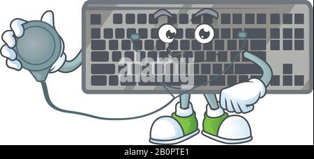 Schwarzes Tastatur-Maskottchen-Icon-Design als Arzt, das Kostüm mit Werkzeugen arbeitet Stock Vektor