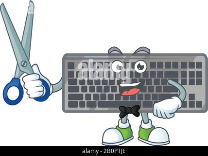 Fröhlicher, lächelnder barber, schwarze Tastatur, Maskottchen im Designstil Stock Vektor