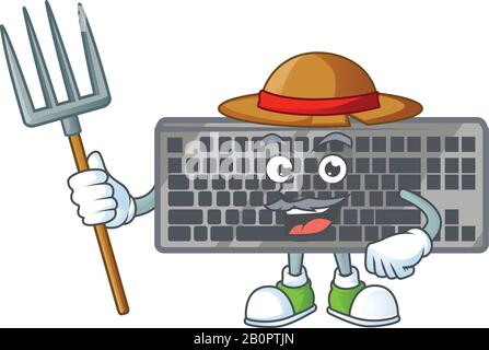 Süßer Bauer schwarzes Cartoon-Maskottchen mit Hut und Werkzeug Stock Vektor