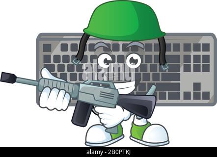 Schwarzes Tastatur-Maskottchen-Design in Armeeuniform mit Maschinenpistole Stock Vektor