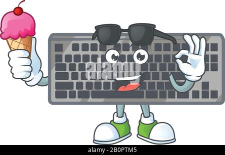 Schwarze Tastatur Maskottchen Cartoon-Stil Essen eine Eiscreme Stock Vektor