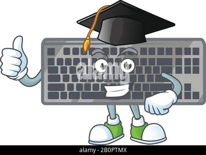 Ein fröhlicher Charakter der schwarzen Tastatur in einem schwarzen Graduiertenhut Stock Vektor