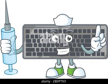 Smiley Nurse, schwarze Zeichentrickfigur mit einer Spritze Stock Vektor