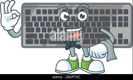Ein schwarzes Cartoon-Maskottchen mit Tastatur, das als Kellner arbeitet Stock Vektor