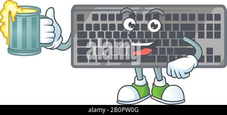 Das schwarze Maskottchen-Design mit Smiley-Tastatur hält ein Glas Bier Stock Vektor