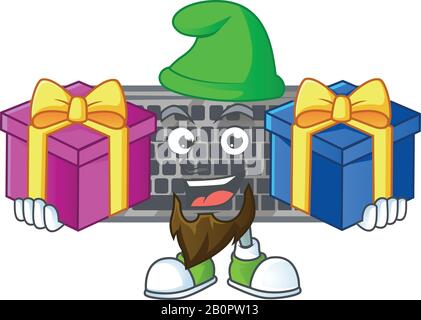 Ein charmanter schwarzer Cartoon-Maskottchen-Stil mit zwei Kisten mit Geschenken Stock Vektor