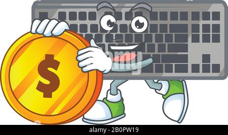 Ein elegantes, schwarzes Maskottchen-Cartoon-Design mit Goldmünze Stock Vektor