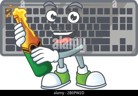 Mascot Cartoon-Design der schwarzen Tastatur mit einer Flasche Bier Stock Vektor