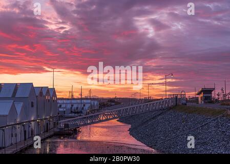 Der westliche Himmel wird rosa und orange, wenn die Sonne über dem Tacoma Jeden Club Marina untergeht Stockfoto