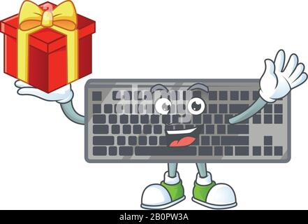 Cartoon-Charakter der schwarzen Tastatur mit einem Geschenkkarton Stock Vektor
